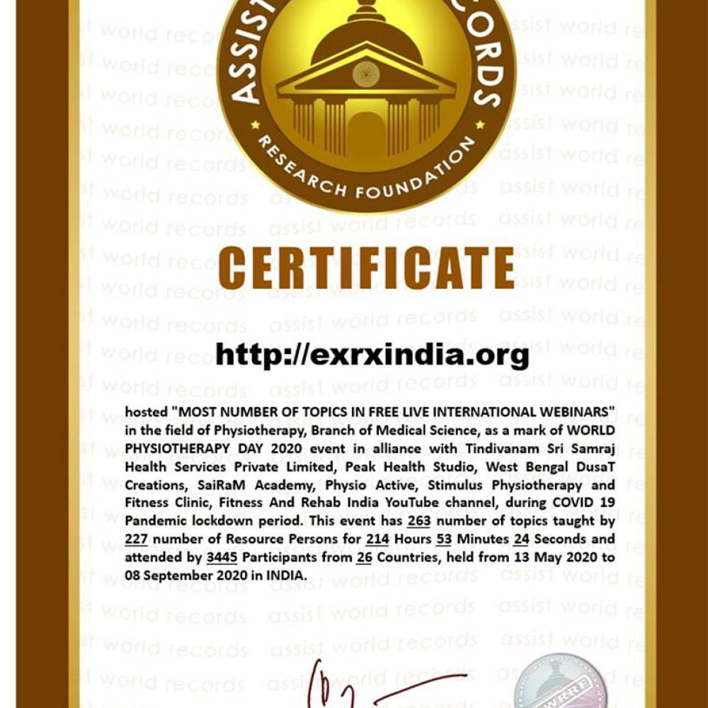 Image of certificate awarded to Indian Association of Physiotherapists (IAP) for World PT Day 2020