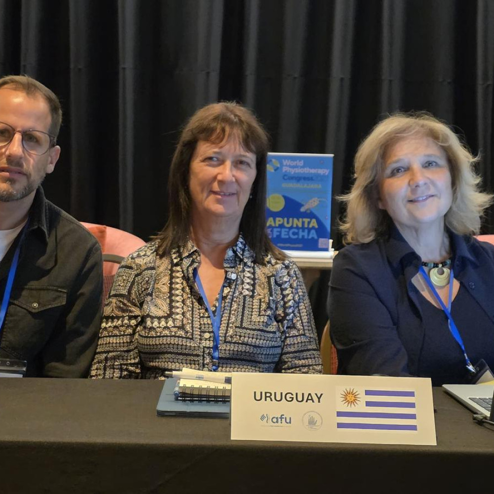 Three professionals sat behind a meeting desk with a card saying Paraguay