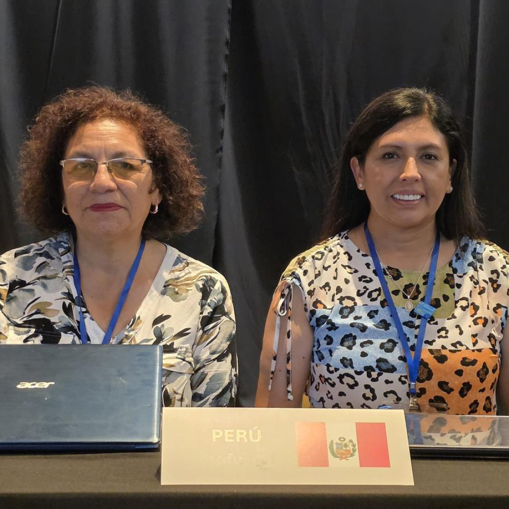 Two professionals sat behind a meeting desk with a card saying Peru