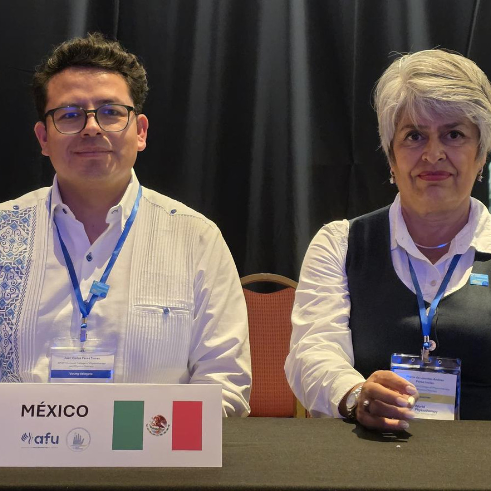 Two professionals sat behind a meeting desk with a card saying Mexico