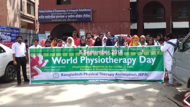 Photograph showing a celebration held in Bangladesh to mark World PT Day 2018